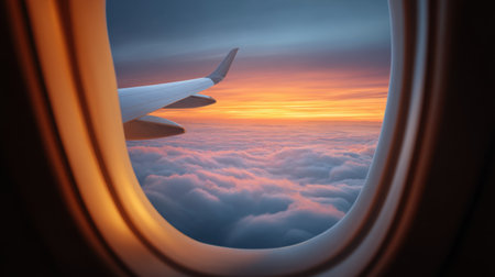 Experience a stunning sunset view from an airplane window, showcasing vibrant colors against an expansive cloudy sky, creating a serene travel moment.の素材