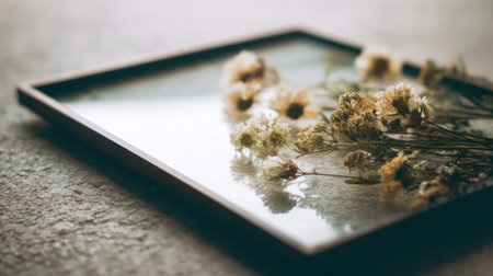 A serene composition featuring delicate dried flowers arranged under a glass frame. The soft textures and natural light create an inviting and tranquil atmosphere.の素材
