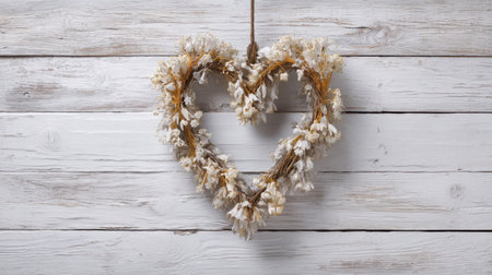 Charming heart-shaped wreath made with dried flowers, hanging against a rustic wooden backdrop, perfect for adding a touch of love and warmth to any space.の素材
