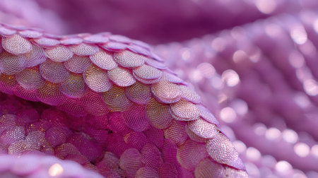 This captivating close-up showcases delicate pink scales featuring a shimmering texture, perfect for artistic and nature-inspired content with a dreamy feel.の素材
