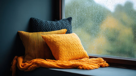 A cozy window nook featuring bright cushions and a soft throw, perfect for creating a warm atmosphere during rainy days, evoking comfort and tranquility.の素材