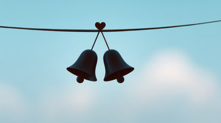 Two heart-shaped bells hang gracefully on a wire, set against a serene blue sky. This image conveys themes of love, connection, and beauty in a simple, artistic manner.の素材
