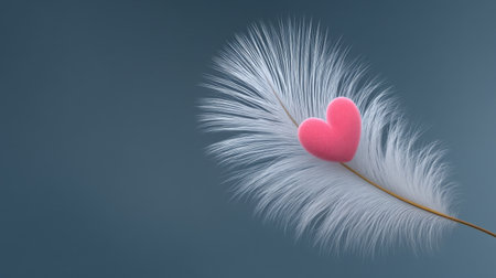 A delicate white feather with a pink heart rests on a soft blue background. This composition beautifully captures themes of love and tenderness, perfect for various creative projects.の素材