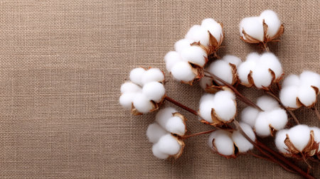 A delicate arrangement of fresh cotton bolls rests on a natural fabric background, perfect for showcasing organic agriculture and inspiring textile design projects.の素材