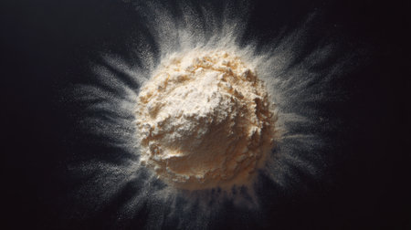 Detailed image of fine flour creating a dust cloud effect on a dark background. Perfect for culinary projects, baking recipes, and food illustrations.の素材