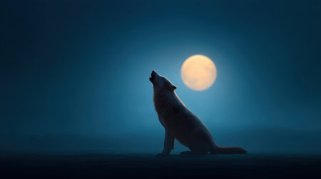 A stunning silhouette of a majestic wolf howling at a bright full moon creates a serene and captivating atmosphere against a misty night sky.の素材