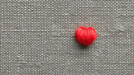A closeup photo of a single red thread on a textured fabric surface, symbolizing creativity and passion in art and craftsmanship. Perfect for creative projects.の素材