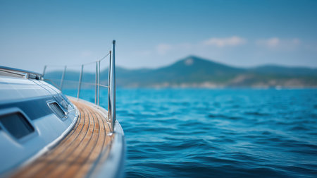 Experience the serenity of a yacht bow gently cutting through calm waters, framed by distant mountains and a bright blue sky. Perfect for travel and adventure themes.の素材