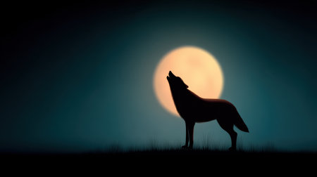 A striking silhouette of a howling wolf stands against the backdrop of a full moon. This atmospheric scene captures the essence of wild nature and evokes a sense of mystery.の素材
