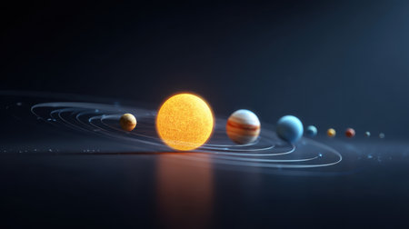 This captivating illustration depicts the solar system with a radiant sun at the center and planets orbiting around it, emphasizing the beauty of space and cosmic phenomena.の素材
