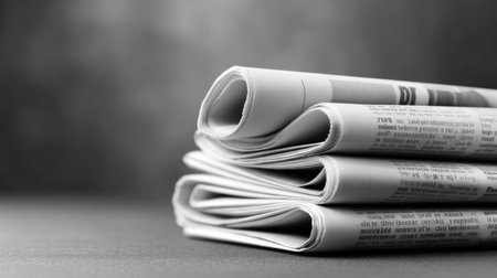 A stack of black and white newspapers rests on a textured gray surface, showcasing classic print media and providing a timeless element for editorial use and illustrations.の素材