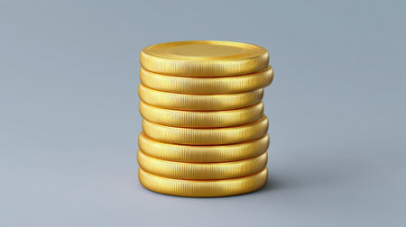 A close-up view of a stack of shiny golden coins placed against a soft gray backdrop, ideal for concepts related to money, investment, and financial growth.の素材
