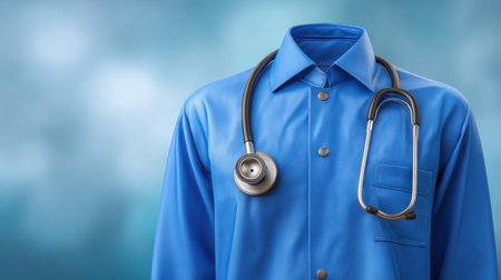 A vibrant blue medical shirt featuring a stethoscope draped over the collar, set against a soft blurred background, symbolizing healthcare professionalism and dedication.の素材