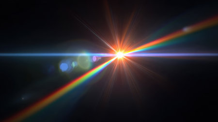 Vibrant light rays and colorful lens flare create a stunning rainbow spectrum against a dark background, ideal for various creative projects and promotional materials.の素材