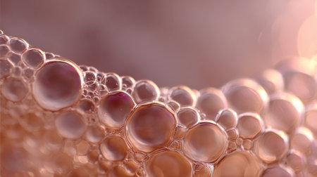 A stunning macro photograph capturing the delicate beauty of iridescent bubbles. Soft light enhances the colors and texture, creating an ethereal, dreamy atmosphere.の素材