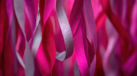 A captivating scene featuring colorful pink and silver ribbons gracefully hanging and flowing together, creating a festive and vibrant backdrop perfect for events.の素材