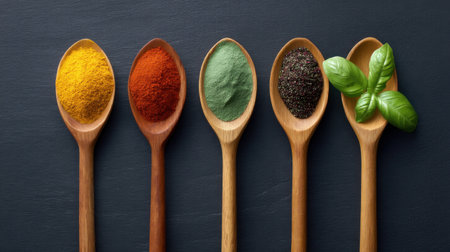 A beautiful arrangement of colorful spices and fresh herbs displayed on wooden spoons, perfect for capturing the essence of culinary creativity and flavor enhancement.の素材