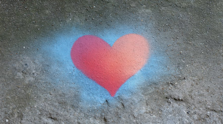 This image captures a vibrant red heart spray-painted on a rough gray surface, embodying street art aesthetics and evoking feelings of love and creativity in urban environments.の素材