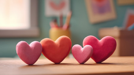 Charming heart-shaped decorations in vibrant colors add warmth and playfulness to any interior. Perfect for romantic settings or festive occasions, evokes love.の素材