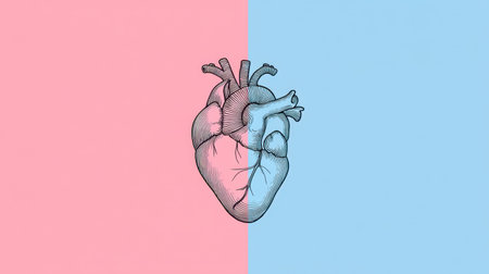 This detailed illustration of an anatomical heart showcases the intricate structure on a vibrant pink and blue split background, ideal for medical and artistic applications.の素材