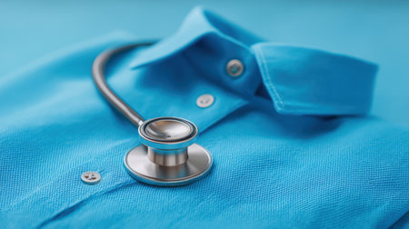 This image features a close-up view of a blue shirt complemented by a stethoscope, vividly representing the medical field and healthcare professionalism in a soothing way.の素材