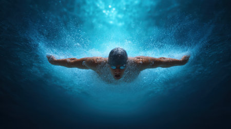 An impressive swimmer executing a freestyle stroke underwater, surrounded by bubbles and ripples. The image showcases strength, focus, and fluid movement in water.の素材
