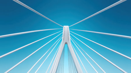 A striking view of a modern suspension bridge reaching towards a clear blue sky, showcasing elegant cables and unique design features, perfect for city infrastructure themes.の素材