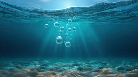 Stunning view of a tranquil underwater scene showcasing rising bubbles and beautiful sunlight creating a serene atmosphere in the deep ocean, perfect for relaxation.の素材