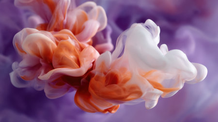 Stunning display of colorful ink swirling in water, showcasing dynamic movement and vibrant hues against a dreamy purple background, perfect for artistic inspiration.の素材