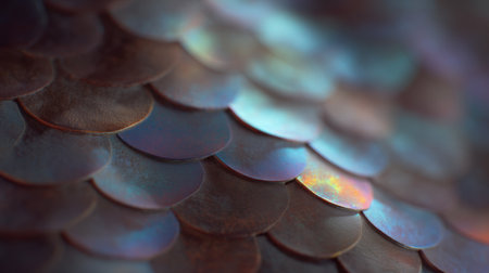 This stunning close-up image showcases colorful metallic scales, exhibiting iridescent hues and intricate textures that create a captivating visual appeal for various uses.の素材