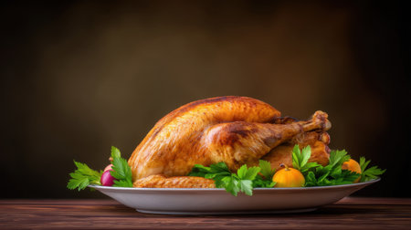 A beautifully roasted turkey on a stylish platter, surrounded by colorful garnishes, creates an inviting centerpiece perfect for festive dining experiences.の素材