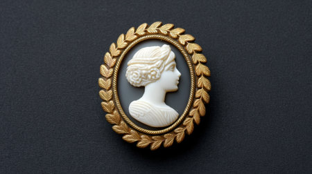This exquisite vintage cameo brooch showcases a beautifully detailed profile of a woman encased in an ornate golden leaf frame, perfect for adding elegance to any outfit.の素材