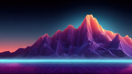 A stunning digital artwork showcasing a vibrant mountain landscape with neon colors, featuring a futuristic grid and a gradient sky, perfect for creative projects.の素材