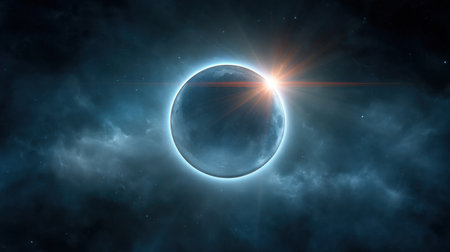 A breathtaking view of a planet in deep space, featuring a radiant glow from sunlight and a mysterious atmosphere surrounded by cosmic clouds.の素材