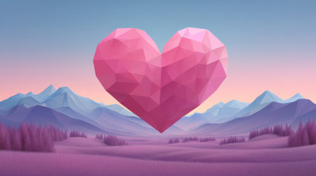 This stunning image features a vibrant pink geometric heart hovering over serene mountains at dawn. The soft pastel colors create a tranquil and dreamy atmosphere.の素材