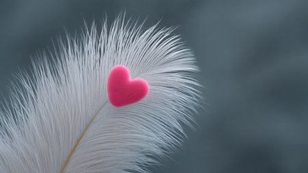 A close-up image of a soft white feather with a playful pink heart resting on its tip. The serene background enhances the feeling of calmness and tenderness.の素材