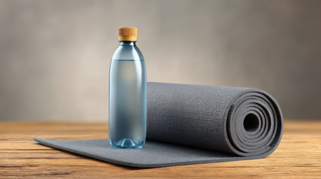 A serene setup featuring a water bottle next to a rolled yoga mat on a wooden surface, symbolizing wellness and tranquility in fitness and healthy living activities.の素材