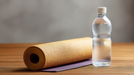 A yoga mat alongside a water bottle on a smooth wooden surface captures the essence of fitness and wellness, perfect for promoting relaxation and hydration.の素材