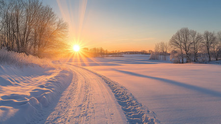 Winter sunset casting a warm glow over a snowy landscape with long shadows and a peaceful sceneの素材