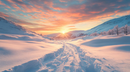Wintery sunset over a snowy landscape with warm hues reflecting off the snow-covered terrainの素材