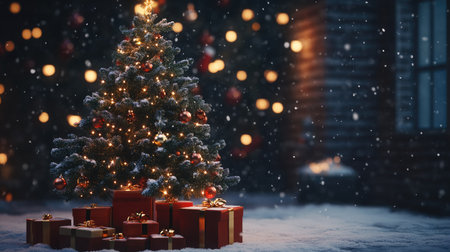 Elegant Christmas tree with shimmering decorations and neatly arranged gift boxes on a snowy nightの素材