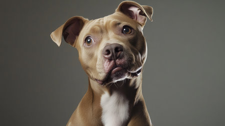Studio portrait of a cute Pit Bull with a playful expression, sitting against a simple grey background.の素材