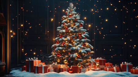 Snow-covered Christmas tree adorned with ornaments and surrounded by wrapped gift boxes in the quiet nightの素材