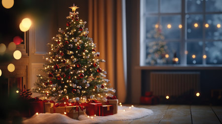 Classic holiday scene with a beautifully decorated Christmas tree and sparkling lights in the backgroundの素材