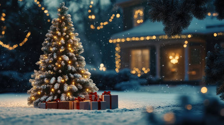 Snow-covered Christmas tree with festive lights and gift boxes arranged around it in a serene night settingの素材