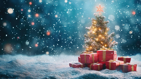 Winter wonderland with a Christmas tree sparkling with lights and a pile of gift boxes on fresh snowの素材