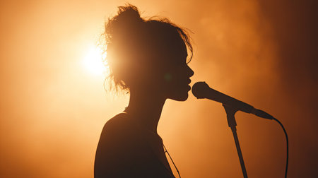 A person singing into a microphone, with plenty of room for textの素材