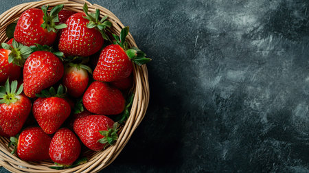 A basket of ripe, red strawberries, with space for your messageの素材