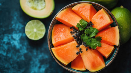 A bowl of sliced papaya with limeの素材