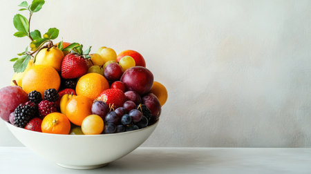 A bowl overflowing with colorful fruits, with empty space for textの素材